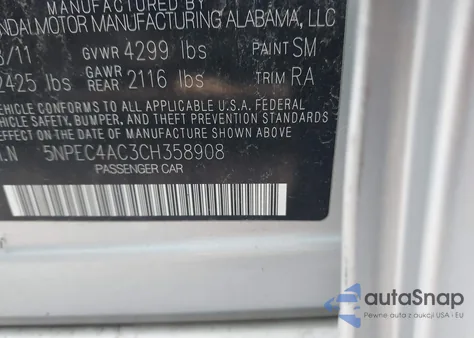 2012 Hyundai Sonata Se z USA, uszkodzony, nr VIN 5NPEC4AC3CH358908